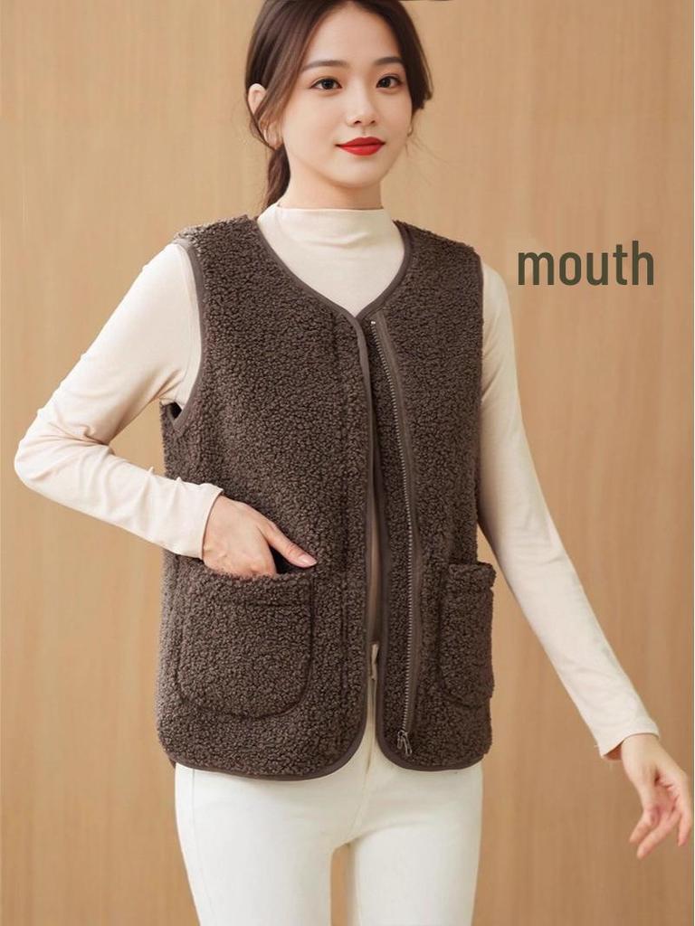 Women's Lambswool Slim-Fit Vest: Versatile 2025 Autumn/Winter Korean Fashion Fleece Outerwear Sleeveless Jacket.