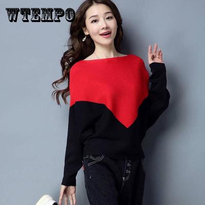 Pofulove Women Batwing Sleeve Sweater Loose Knit Pullover Sweater Female Stitching Contrast Boat Neck Jumper Tops