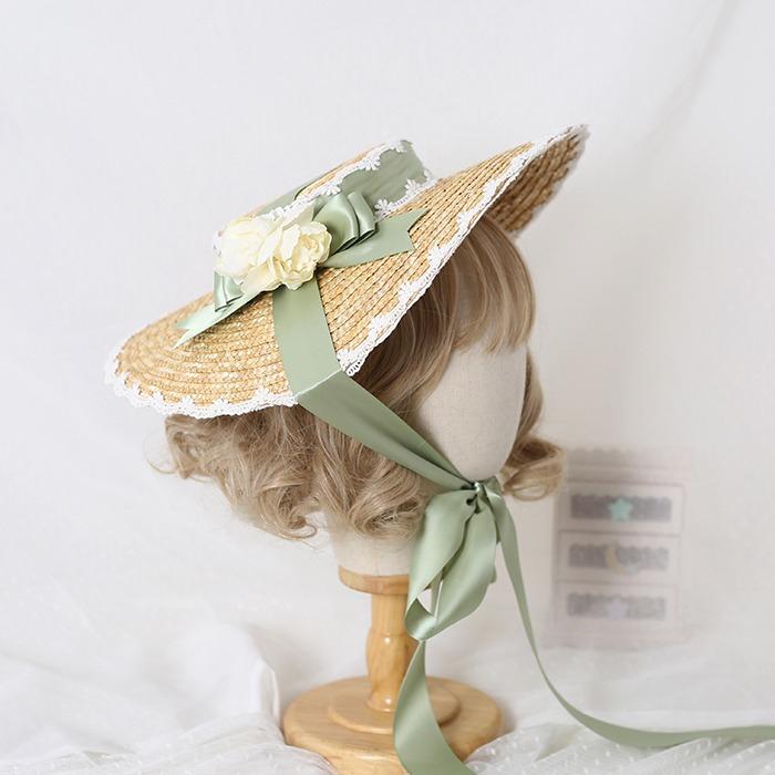 Handmade Elegant Flowers Straw Hat Multi Colored Bonnet Flat Hat Lolita Cosplay Ribbon Straw French Hat for Beach Vacation