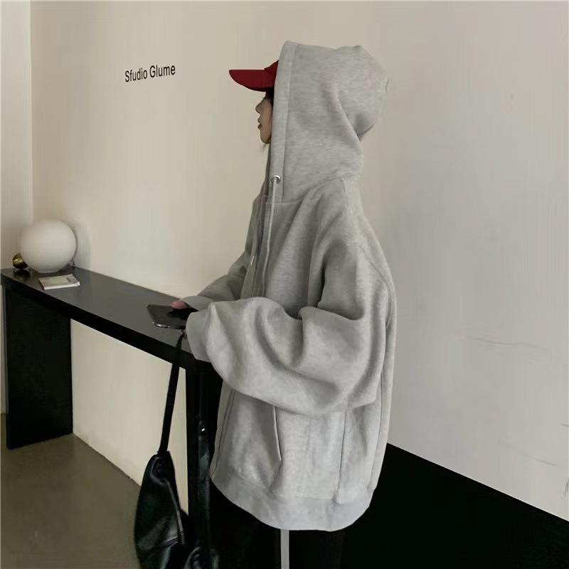 New Spring Loose Gray Hooded Sweater Women's Zipper Jacket Women's Top