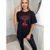Oversized T Shirt Black Cherries Print With Red Text And Leopard Bow Summer Casual Wear