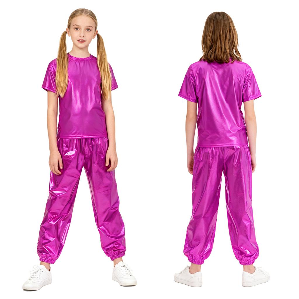 Fantasia Unisex Infantil para Festa de Dança Camiseta Metálica Brilhante de Manga Curta e Gola Redonda e Calças Conjunto para Apresentação