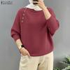 ZANZEA Women Casual Round Neck Solid Color Long Sleeve Retro Blouse