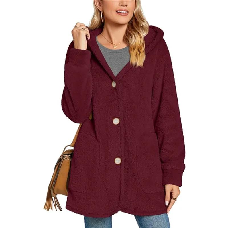 

Autumn Women s Plush Warm Hooded Coat Solid Color Fluffy Button Pocket Casual Loose Coat S бордовий