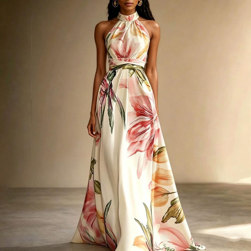 Women Halter Neck Maxi Dress Floral Print Sleeveless Long Flowing A-Line Vacation Dress with Waist Tie