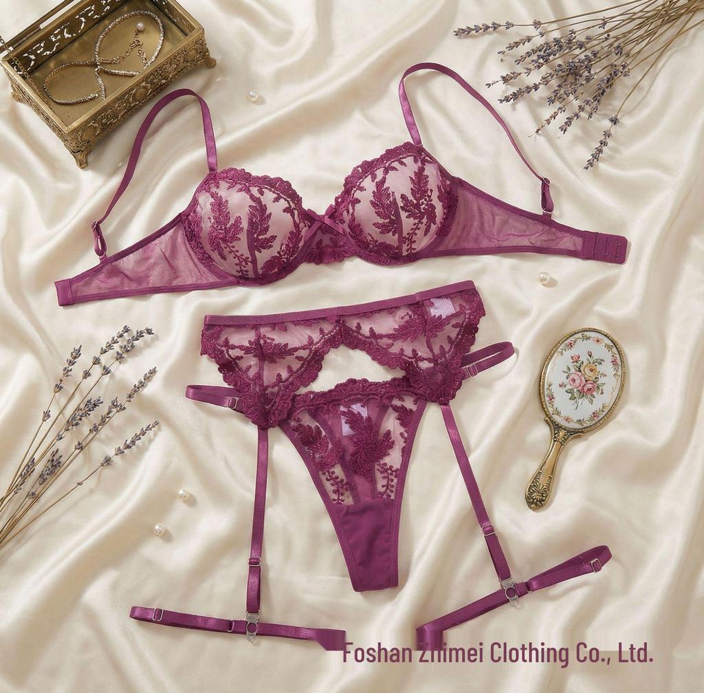 Three-Piece Lace Embroidered Mesh Lingerie Set