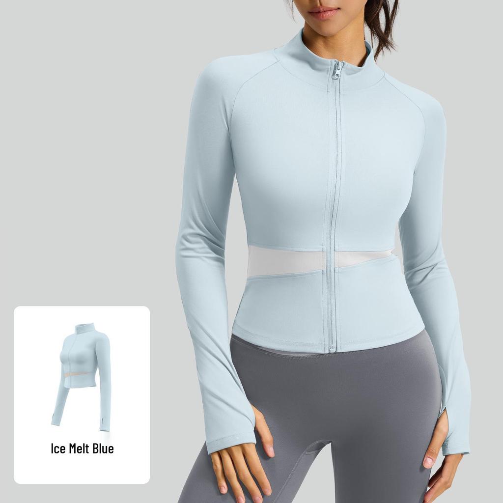 Juyitang Women's Slim Fit Long Yoga Jacket - Nude High Collar Fitness Top