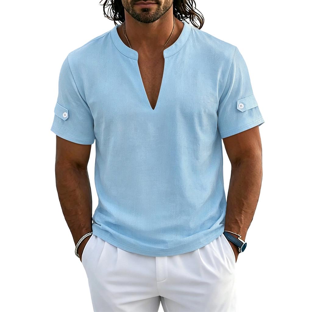 Chemise Polo Henley Casual à Manches Courtes et Col en V pour Homme Tissu Léger Respirant Haut d'Été
