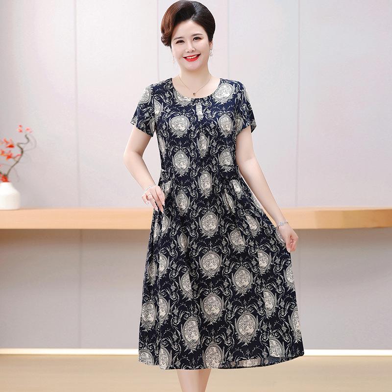 Women's Floral Cotton & Rayon Summer Dress - Plus Size, Belly-Covering, Loose Fit for Middle-Aged & Elderly