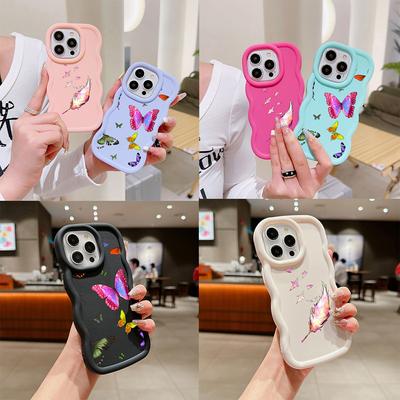 N76 Butterfly Macaron Wavy Edge Handyhüllen für iPhone 16 Pro Max Samsung S24 Plus S23 Ultra A35 A54 A55 Xiaomi Redmi Note 13 Stoßfeste Hülle