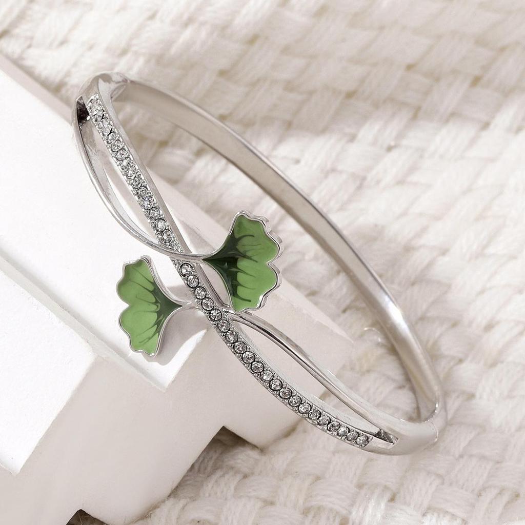 Elegant Ginkgo Leaf Diamond-Studded Drip Glaze Bracelet 