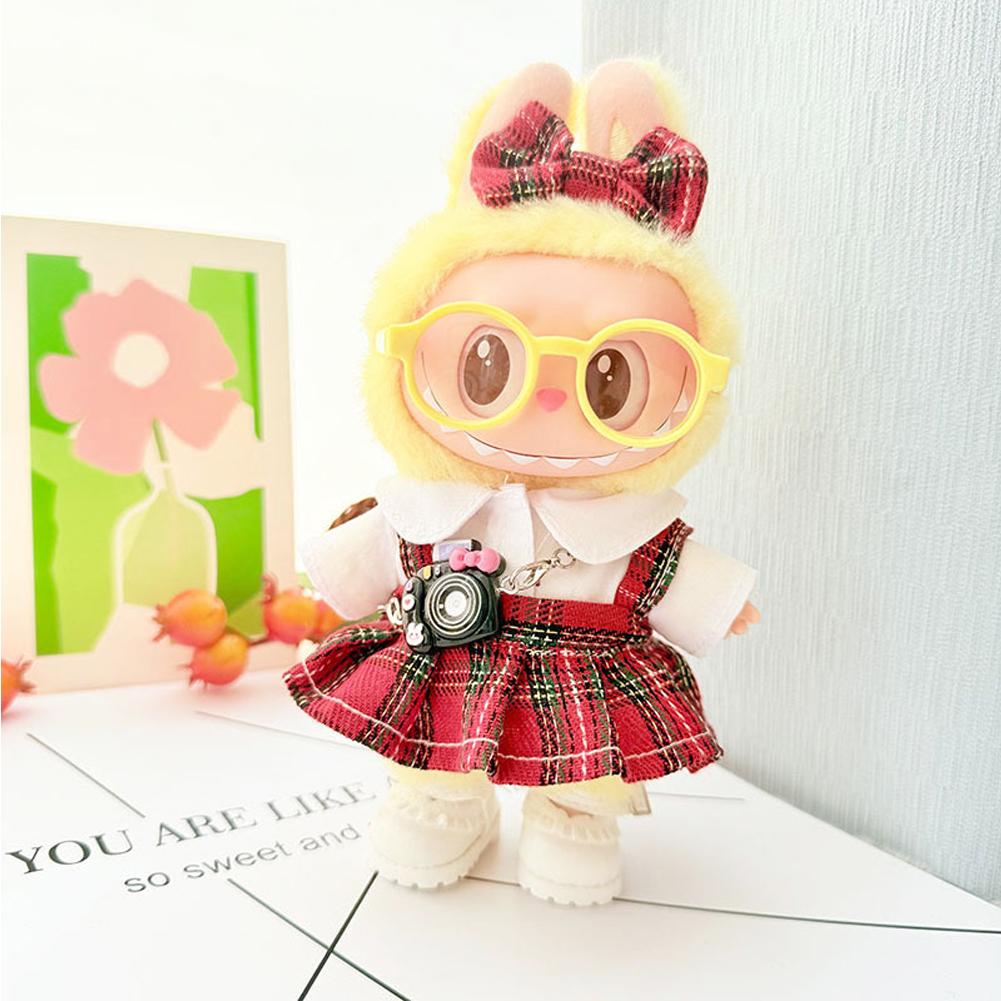 Für 17cm Labubu Puppenkleidung Modekleidung Kleid Puppenkleidung Farblich passend mit Kamera Brille Puppenzubehör Niedliche kleine Kleidungsstücke