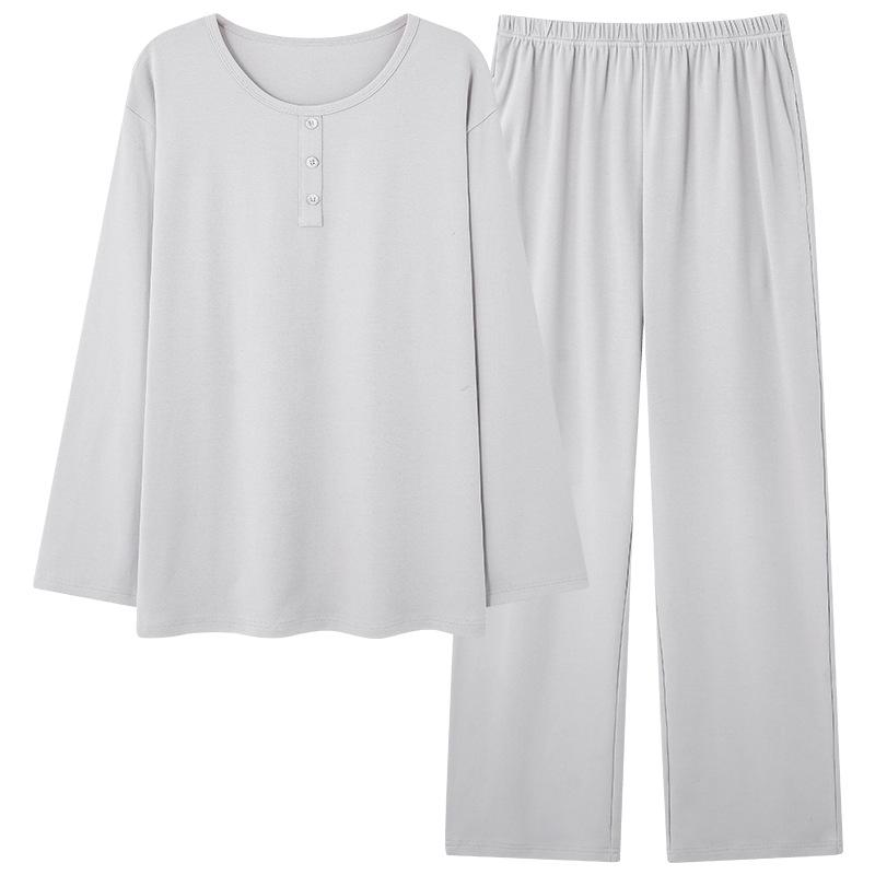 2026 Spring Men's Pure Cotton Casual Pajamas - Solid Color, Round Neck, Indoor/Outdoor Wear