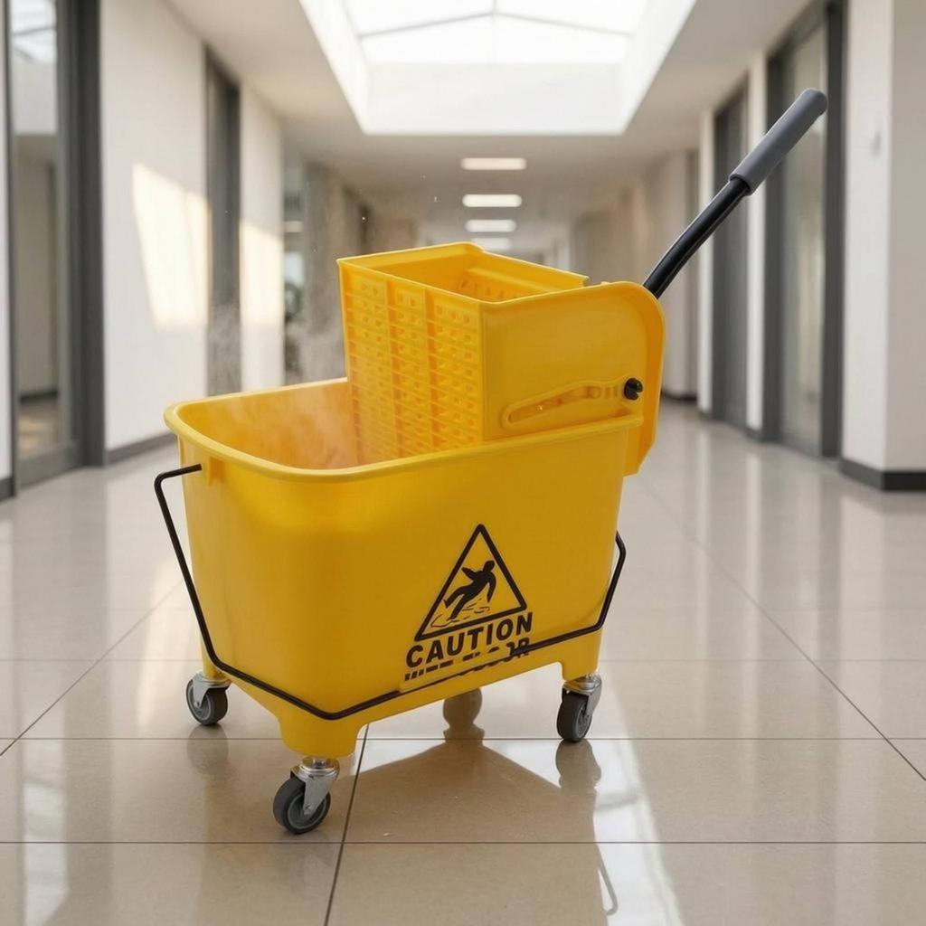 Mop Wringer Pail Cart Metal Handle Floor Warning Graphic