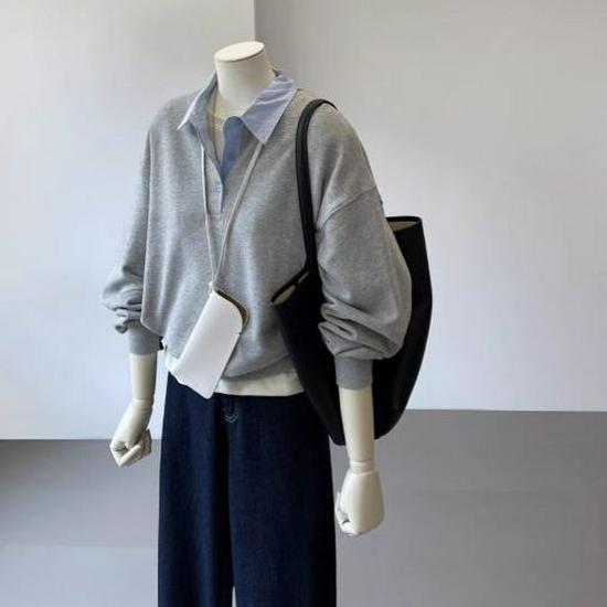 

Уникальный синий модный свитшот из двух частей в корейском стиле для женщин L серый