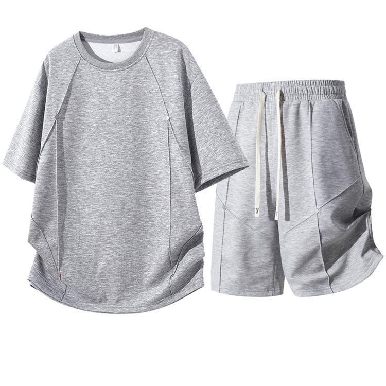 Trendy Men's Round Neck Plus Size T-Shirt & Shorts Set - Casual, Loose, Breathable Two-Piece.