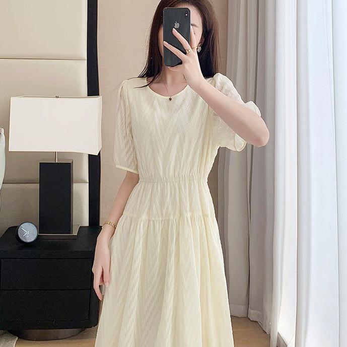 Elegant Mid-Length Chiffon Dress - Summer 2025, Round Neck, Slimming, Flattering Fit