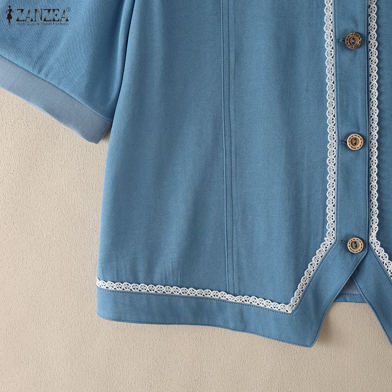 ZANZEA Women Summer V-Neck Splice Lace Casual Short Sleeve Blouse