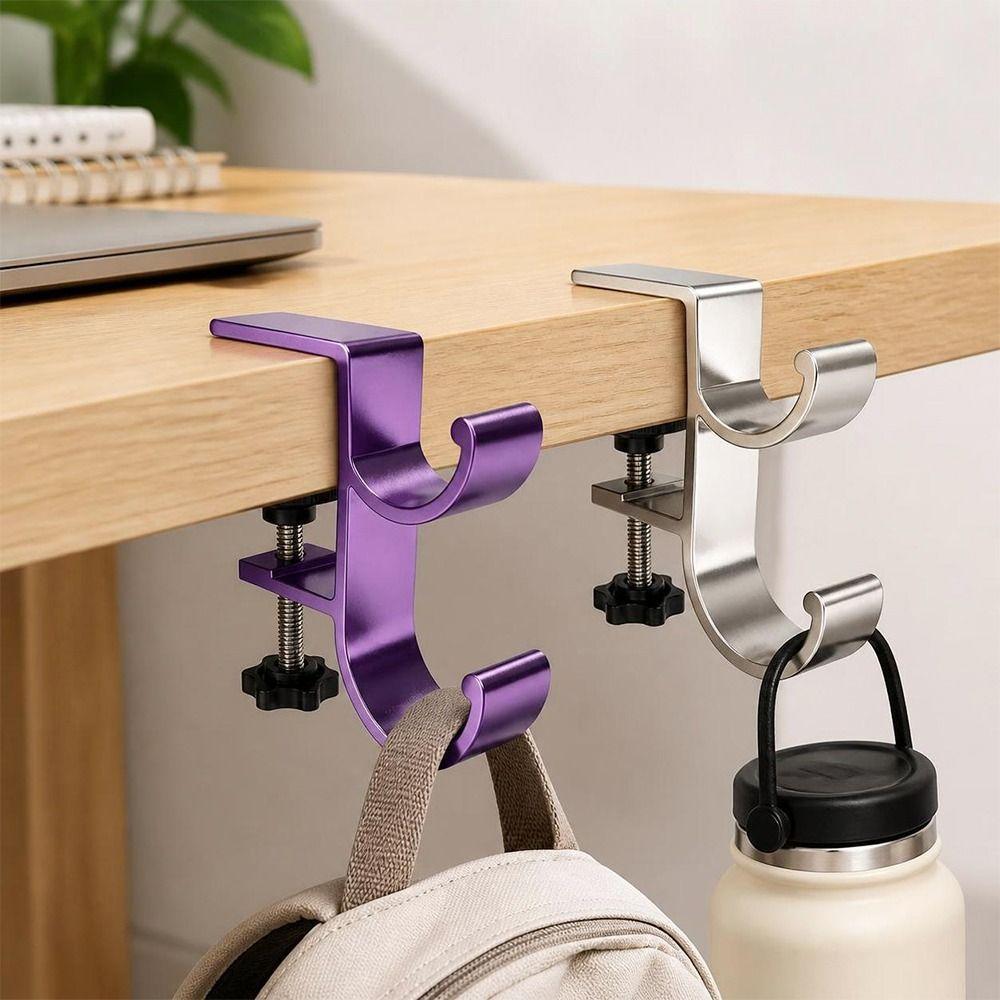 Portable Aluminum Alloy Desk Side Bag Hook Clamp-on Double-Hook Table Edge Storage Hook Heavy Duty Backpack Hanger Office