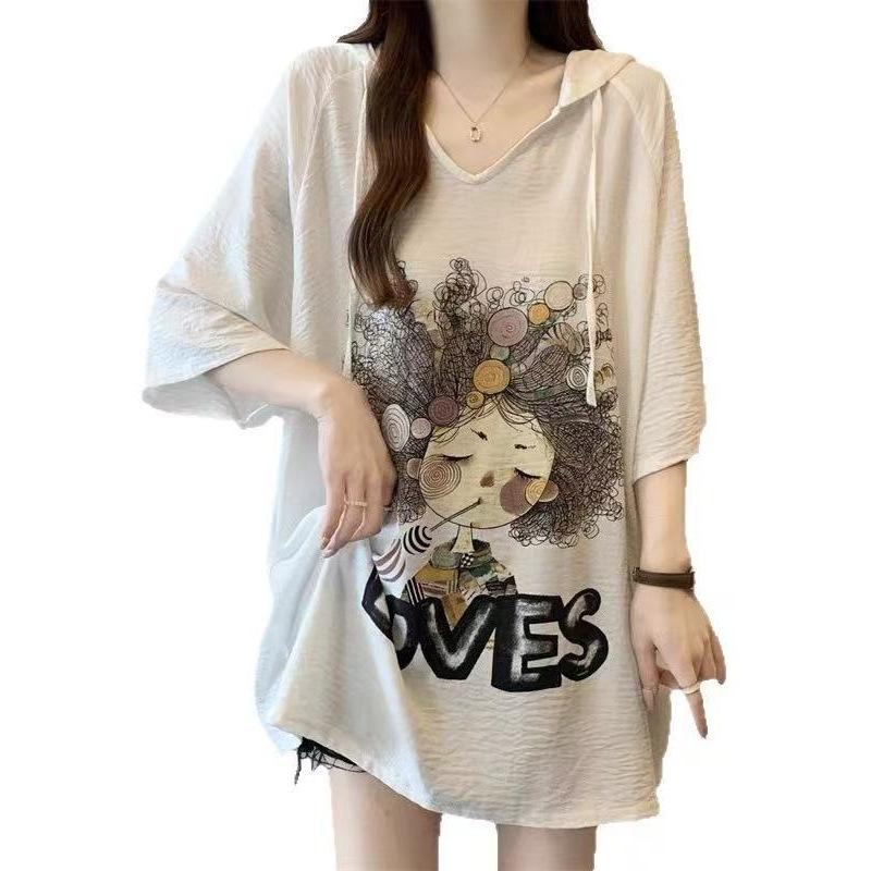 Large size cartoon printed hooded short-sleeved t-shirt women's summer new fat mm loose belly cover medium and long versatile top