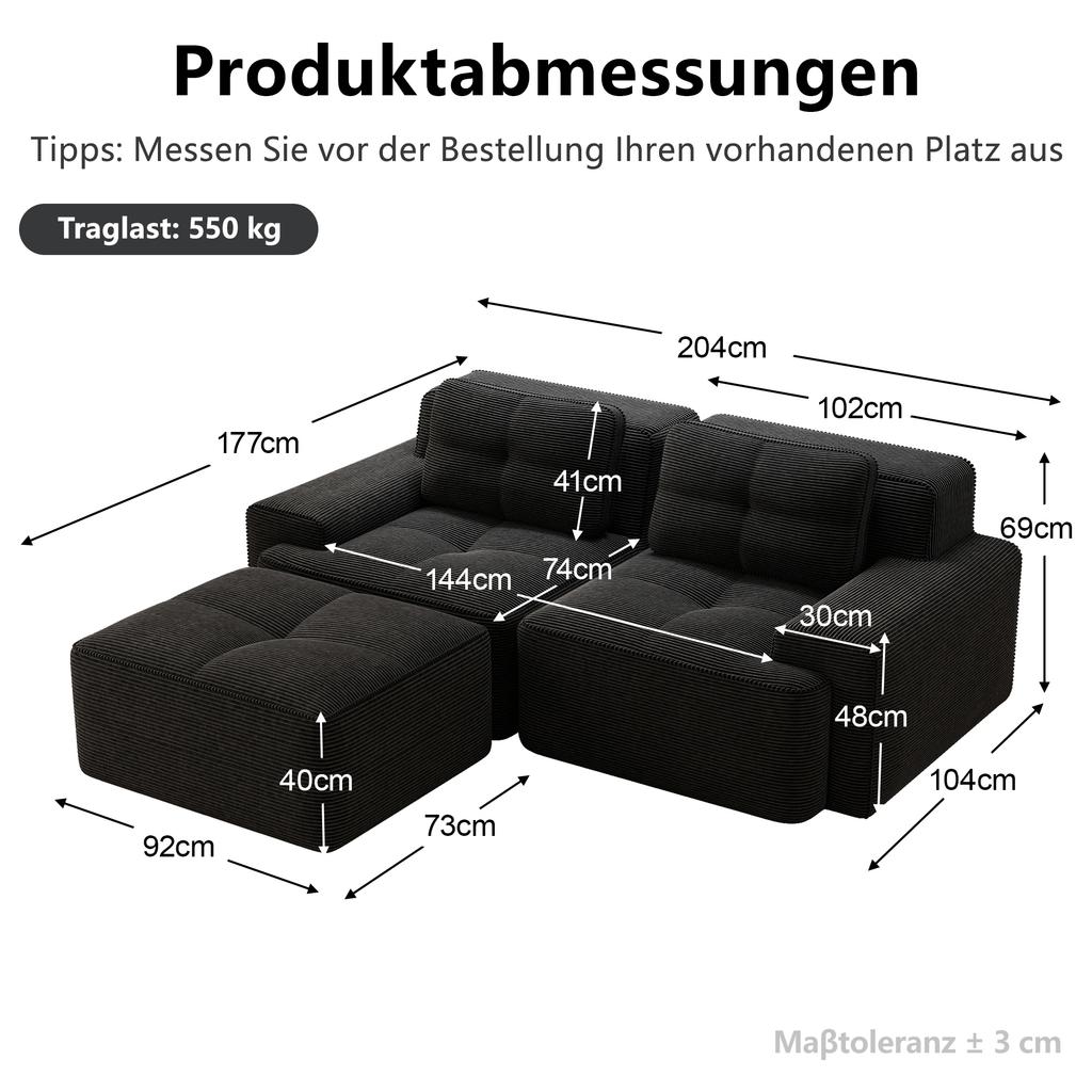 Knochenloses, Modernes L-förmiges Modulsofa für das Wohnzimmer mit tiefer Sitzfläche, Bequemes Cord-Wolkensofa mit Hocker, Geknöpftes Zweisitzer-Schlafsofa, Schwarz