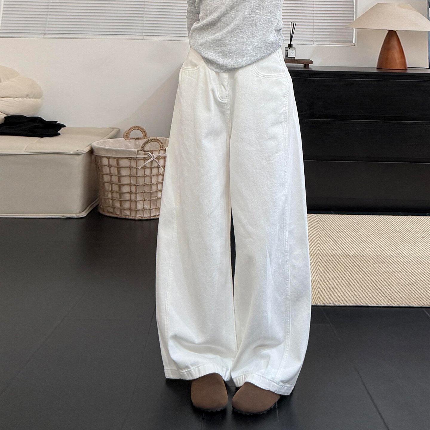 White Curved Blade Women s Wide-Leg Jeans - 2026 Spring High-Waist Slimming Casual Pants S