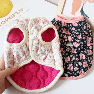 Cute Fleece Lined Puppy Vest Winter Warm Thickened Floral Dog Jacket Windproof with Bow Teddy Bear Coat Pet Supplies