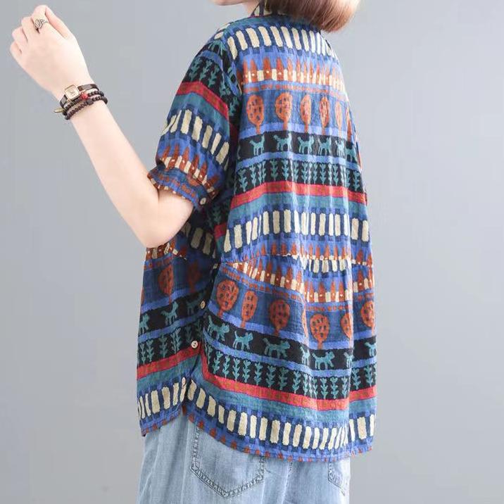Button Lapel Collar Summer Top for Women Floral Print Blouse Casual Loose Large Size Casual Short Sleeve Shirt