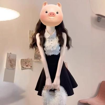Rich Family Daughter Black Sleeveless Vest Dress Summer Lace Design Waist A-word Puffy Skirt