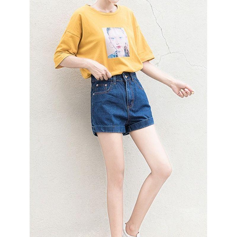 Sweet White Summer New High Waist A Word Slimming Flanging Casual Straight Three-Point Demin Shorts Hot Pants All-Matching