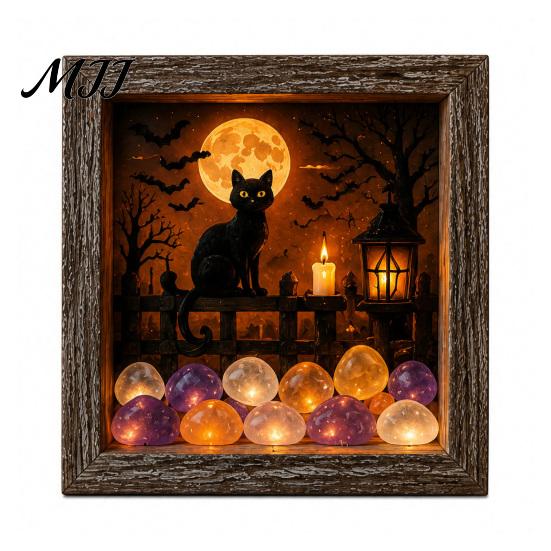 Desktop Mantel Decor Halloween Shadow Box Frame DIY Lighted Craft Kit, Wooden Night Light with Kit for Adults Sea Glass Stones, Gothic LED Memory