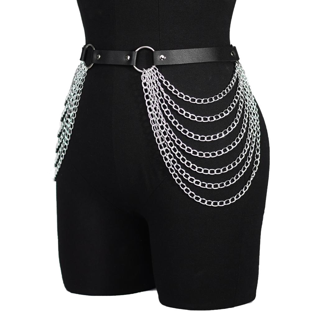 Uprząż na nogę dla kobiet Seksowny skórzany podwiązek na udo z łańcuchem Gotyckie egzotyczne akcesoria kostiumowe Modny skórzany pas biodrowy