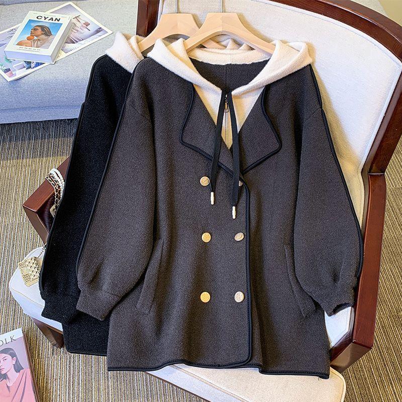 Dubbelsidig Huvförsedd Ullstickad Patchwork Smal Kofta