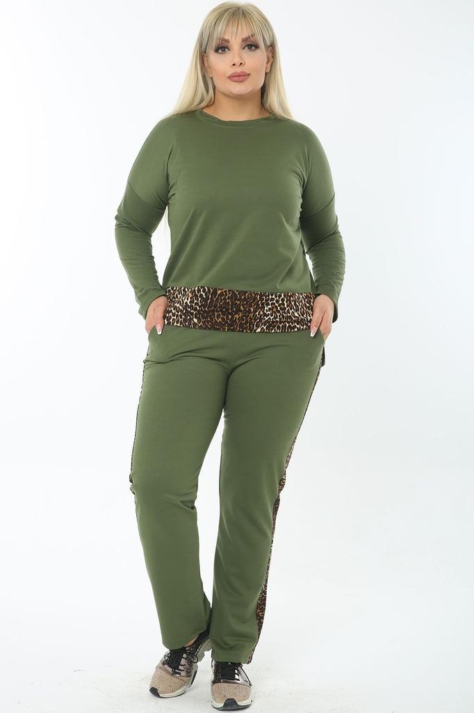 Damenmode Große Größe Trainingsanzug Set Übergröße Baumwolle Lila Hose Trainingsanzug Set mit Leopardenmuster-Verzierung an der Seite und Taille