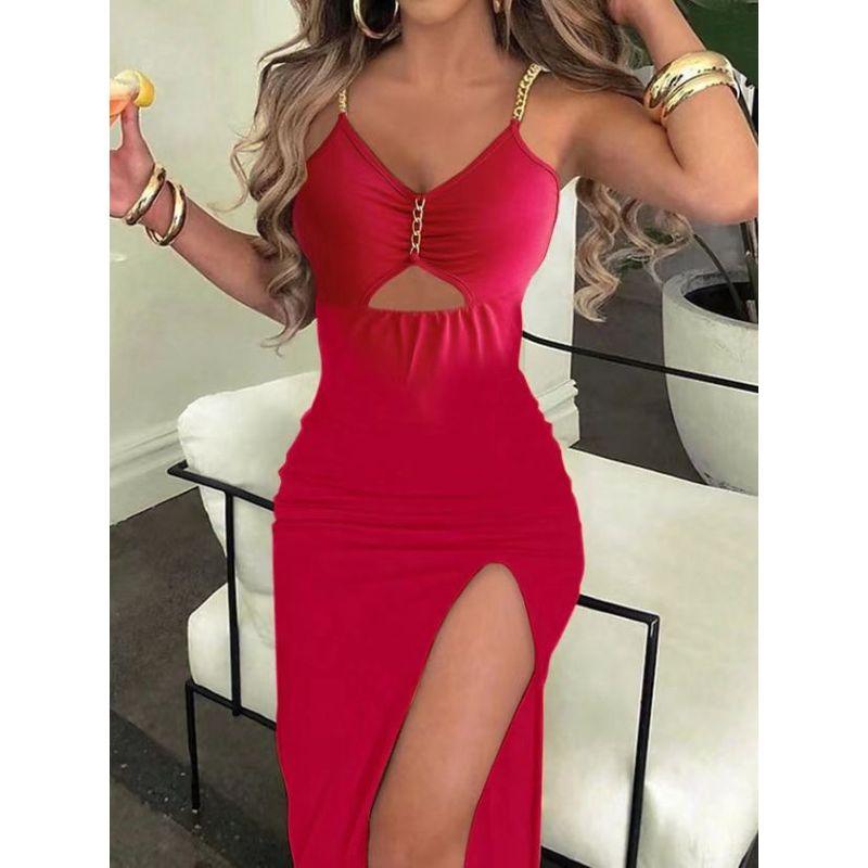 Fashion High Slit Chain Hollow-out Sheath Sleeveless V-neck Women's Sling Slim fit Formal Dress Sexy dresses for women Dresses