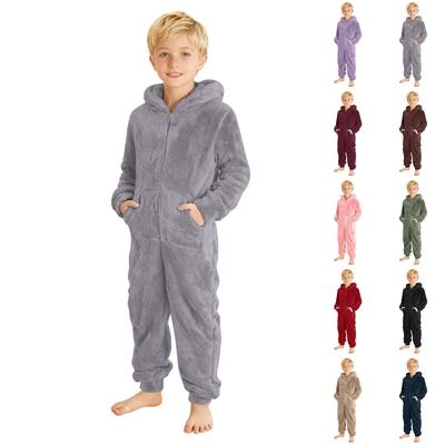 Barn Pojkar Och Flickor Färg Huvförsedd Långärmad Dragkedja Plysch Varm Barnkläder Jumpsuit