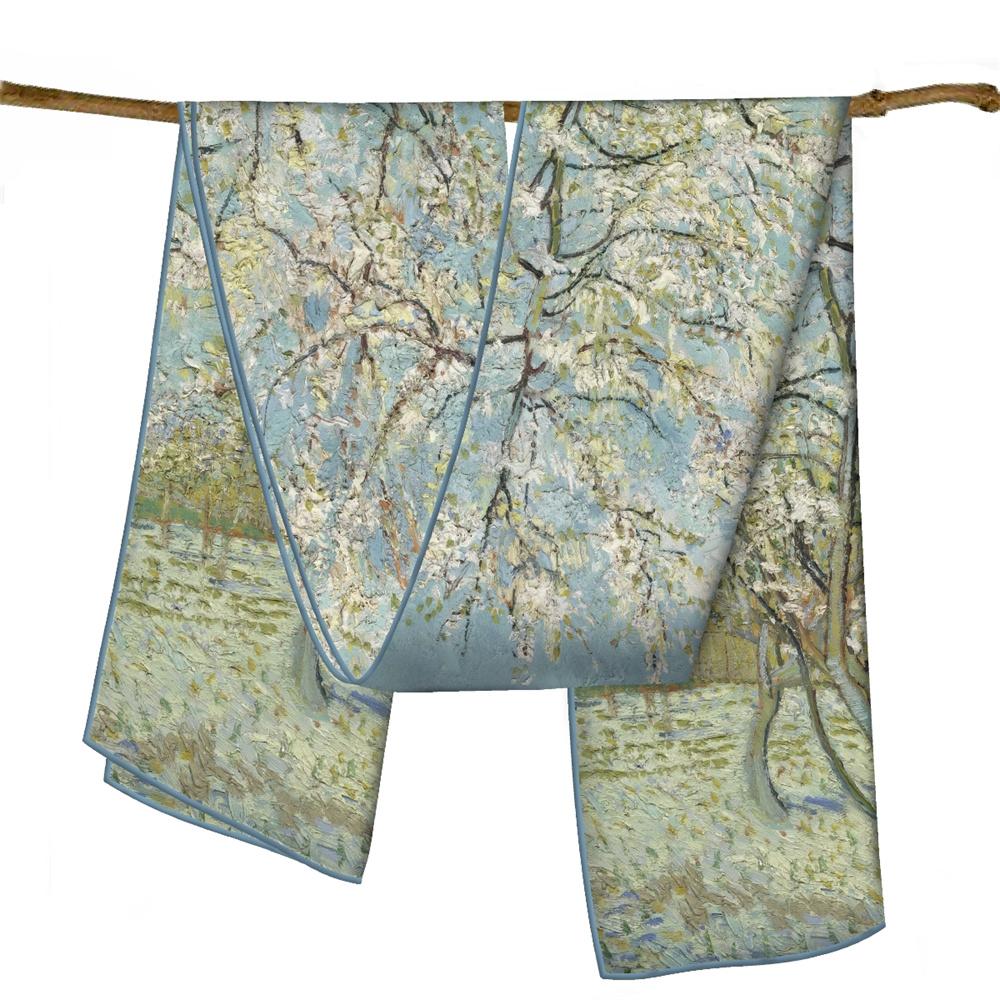 POBING Twill Silk Scarf Women Poncho Hand Rolled Luxury Oil Painting Long Scarves Wraps Bandana Big Shawl Hijabs Female Foulard