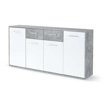 PILVI Low Sideboard - 4 Doors and 2 Drawers - White and Light Concrete - L 162.3 X D 34.2 X H 88.1 Cm