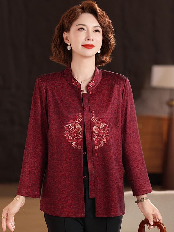 2026 Festive Tang Suit Shirt: Nine-Point Sleeve Chinese Style for Middle-Aged & Elderly Women