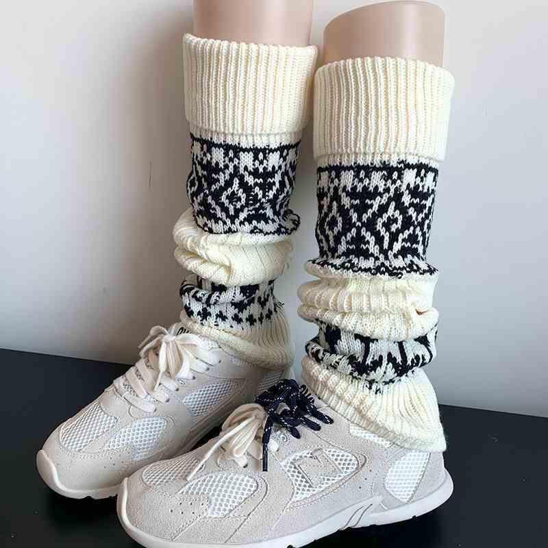 Mallard Color Thick Thermal Knit Sock Leg Warmers Autumn Winter Fair Isle Chunky Yarn Mid Calf Stacked Socks White Leggings