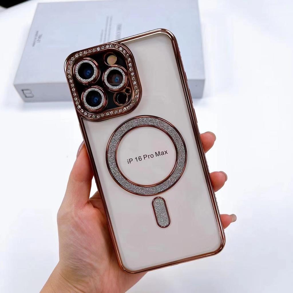 Anwendbar auf Apple IPhone 15 Seite Diamant Magnetische Saug Handyhülle Gold Integrierter Glitzer Versiegeltes Kamera Diamant Etui
