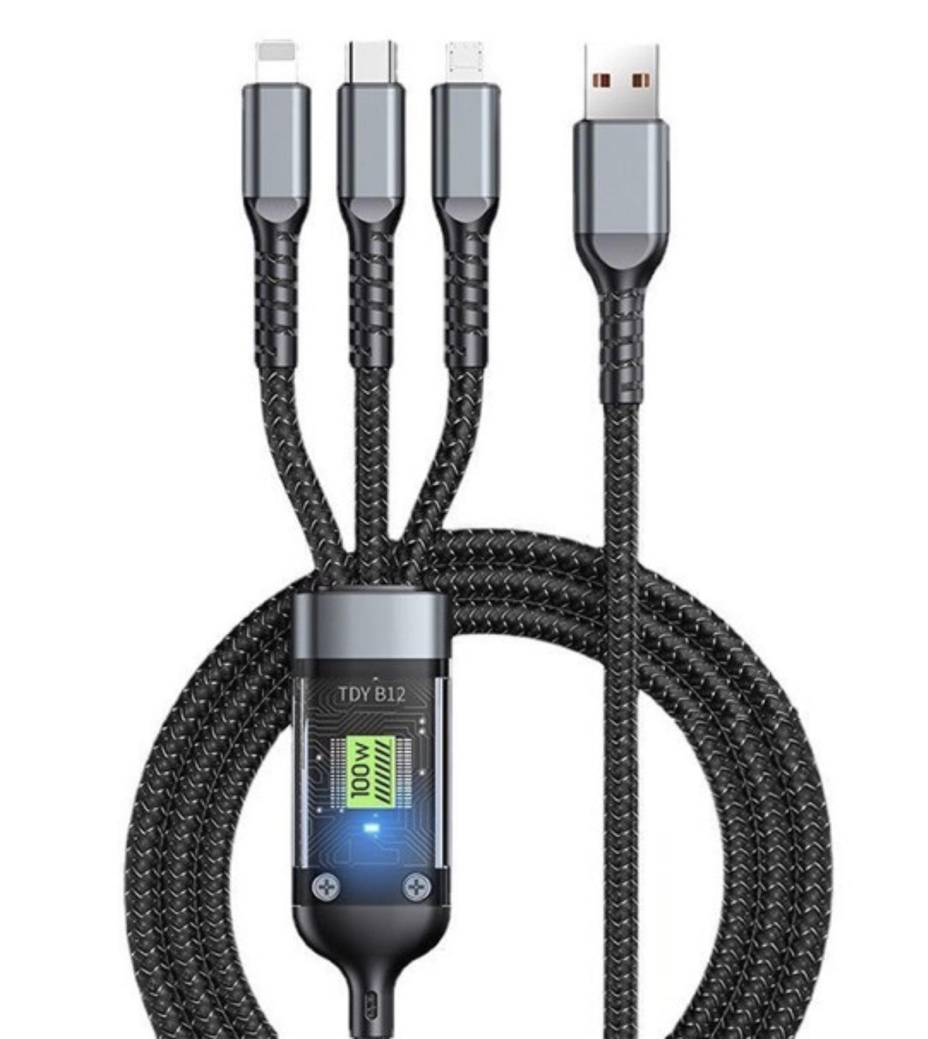 100W Transparent Digital Display 3-in-1 Fast Charging Cable 1.2-meter Display, One-to-Three чёрный