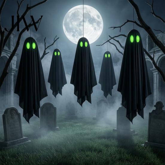 Outdoor Hanging Ghost Halloween Decoration, Spooky Black Fabric with Green Hallway Decor Eyes for Outside Tree, Porch, Yard, Lawn, Haunted House
