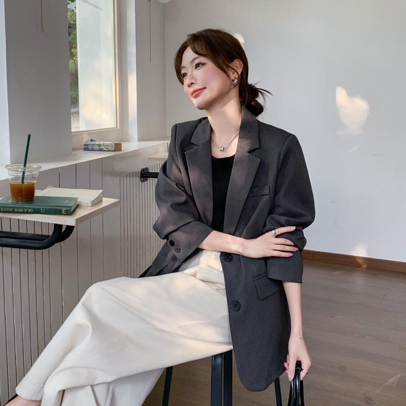 Women's Spring 2025 Fashion Suit Jacket with Rhinestone Lettering - Grey, Casual, All-Match, Loose Fit.