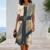 Women Plus Size Round Neck Short Sleeve Red Blue Star Printed A Line Midi Dress
