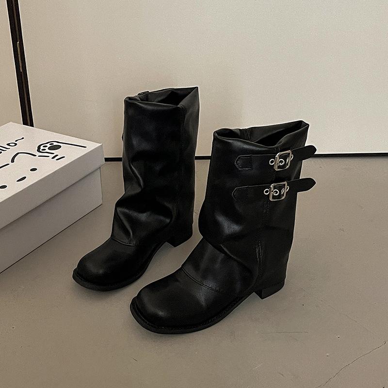 

Французский ретро стиль толстый каблук плиссированные ботинки с голенищем женские 2025 осень и зима короткие ботинки западные ботинки-трубы локомотивные ботинки Мартин 40 чёрный