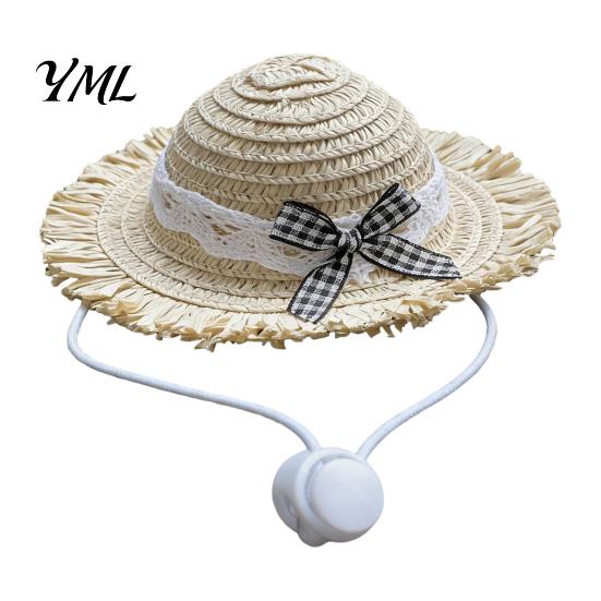 Summer Pet Sun Hat Cat Straw Hat, with Lace And Bow, Adjustable Protection Cute for Cats Small Dogs Outdoor Walks