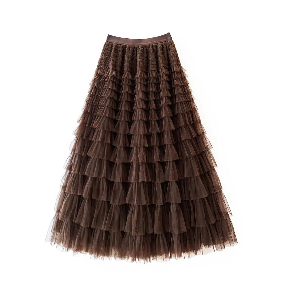 Women's Elastic Waist A‑Line Maxi Tulle Skirt Fresh Sweet Tiered Cake Long Skirt