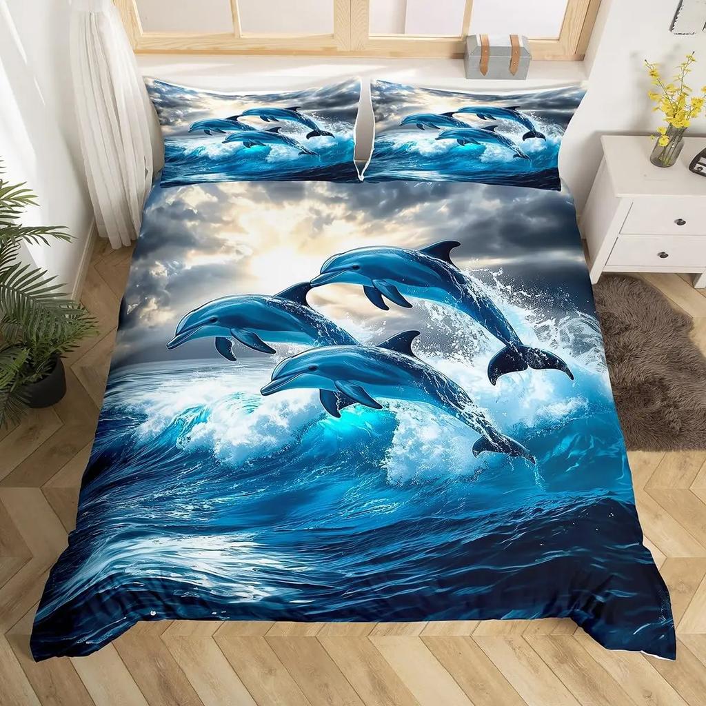 Comforter Ocean Dolphin Sealife Creature Comforter For Kids Boys Girls Teens Room Decor3D Coastal Animal Bedding Set