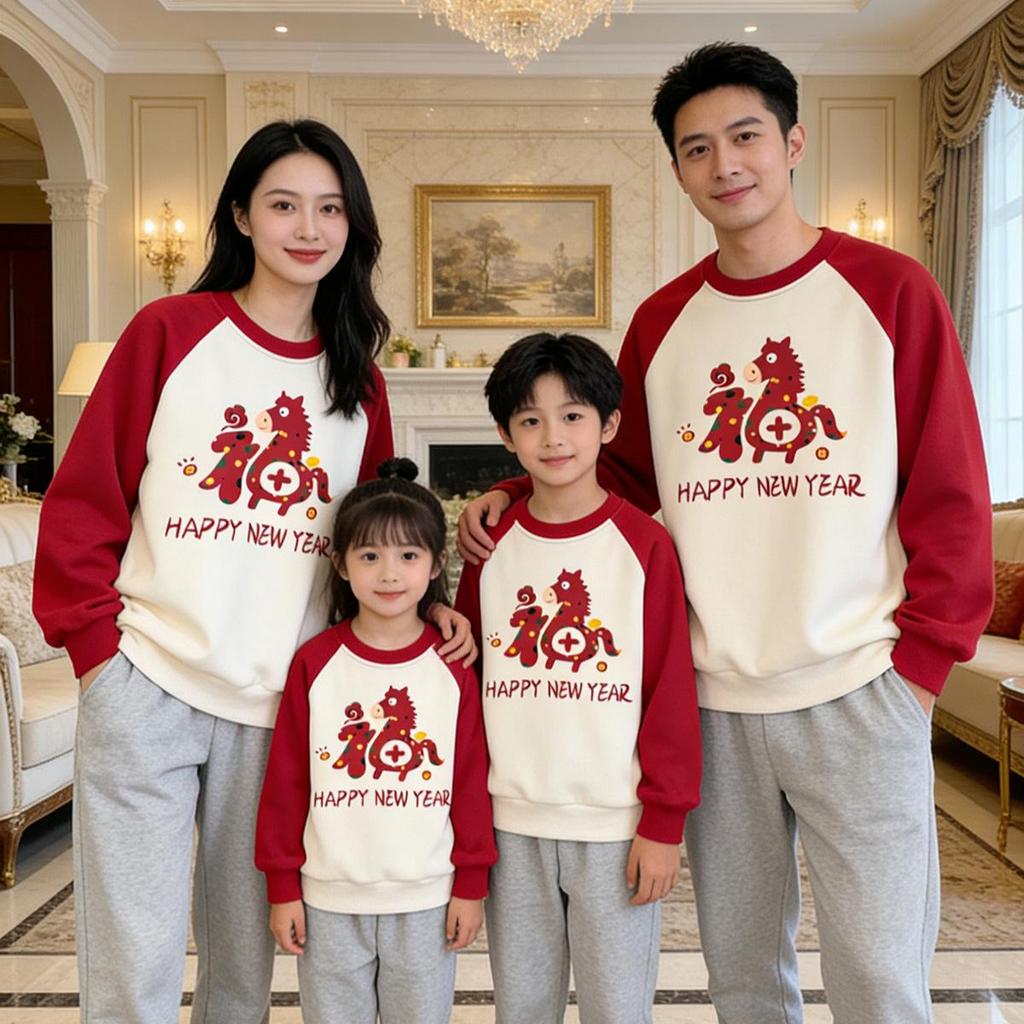 Trendy Year of the Horse New Year Red Sweatshirt for Family Portraits - Parent-Child Outfits for Family of Three or Four